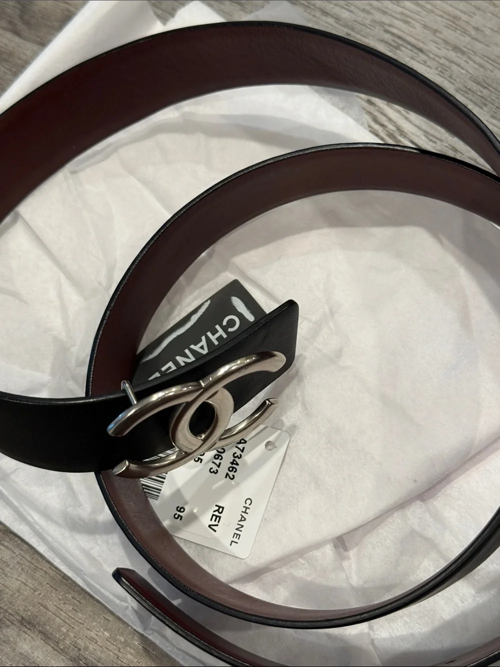 CHANEL Calfskin Leather CC Reversible Belt Silver Buckle Black Burgundy